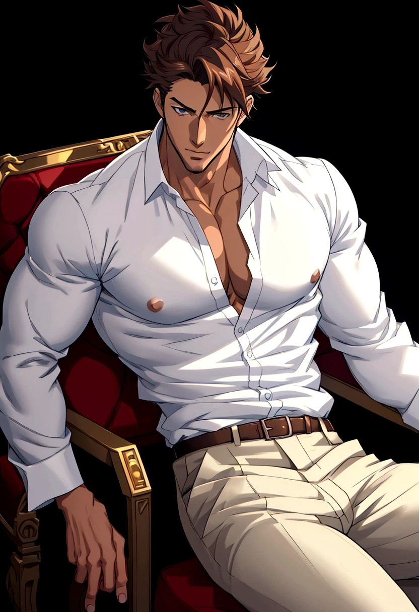 Sexy man, male in a white shirt and tan pants sitting on a chair, big chest, anime handsome man, handsome anime pose, handsome guy, male anime character, human male character art, handsome stunning realistic, anime portrait of a handsome man, clothed in white shirt, (best quality)), ((masterpiece)), (detailed)