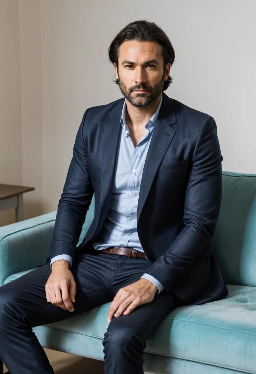 RAW photo, full body, 35-year-old man, ((dressed as lab actor man)), sitting on the guest sofa, looking towards the viewer, wearing shoes, straight forward position, in front of the point of view, neat hair, 