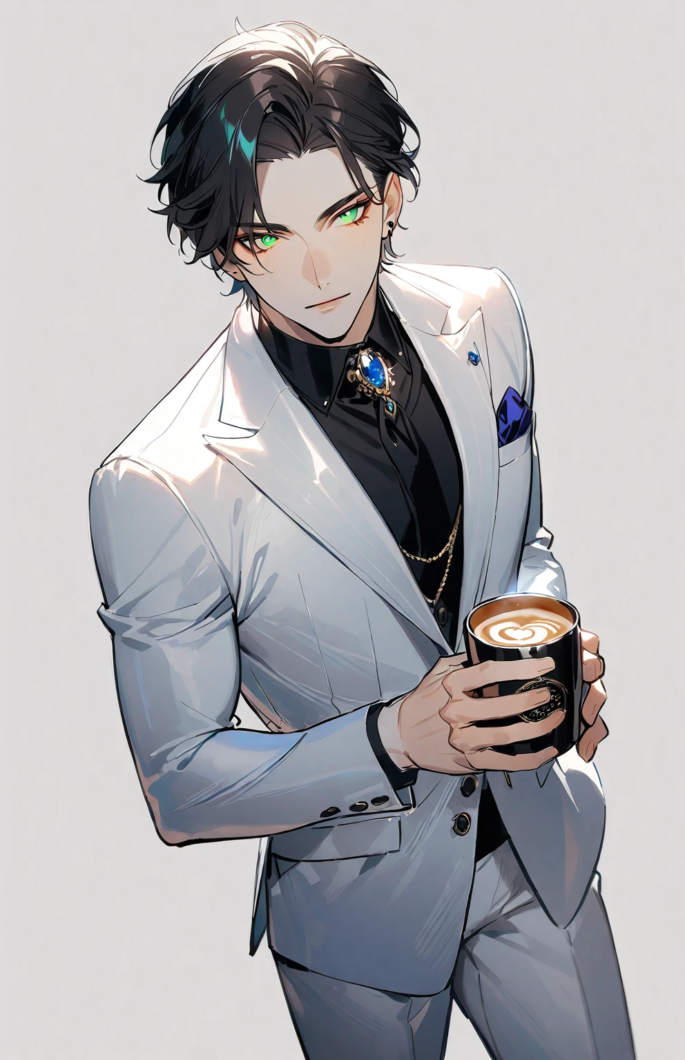 1 male, 25-year-old British male, decisive, beautiful, Tattoo, Emerald eyes, Black Hair, White suit, Black shirt, tie, English gentleman, White pants, Office President,
permanent, Holding a cup of coffee,Office President,一个现代Handsome哥,25-year-old male,Black Hair,Green Eyes,short hair,No bangs,Show forehead,young people,Dynamic Hair,Delicate face,Bright Eyes,Gem Eyes, Extremely detailed eyes, Handsome,Handsome,White skin,Single photo,Upper body photo from thigh up,Handsome哥,a beautiful man,Exquisite eyes,Carefully sculpted hair,Rich in details,permanent in front of a white background,Handsome哥,juvenile,blond,short hair,Handsome face,Handsome,Handsome,超级Handsome哥,White skin,White skin,