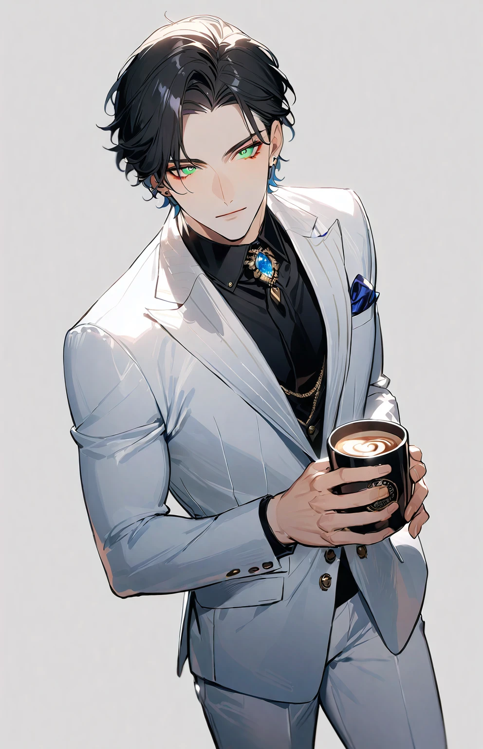1 male, 25-year-old British male, decisive, beautiful, Tattoo, Emerald eyes, Black Hair, White suit, Black shirt, tie, English gentleman, White pants, Office President,
permanent, Holding a cup of coffee,Office President,一个现代Handsome哥,25-year-old male,Black Hair,Green Eyes,short hair,No bangs,Show forehead,young people,Dynamic Hair,Delicate face,Bright Eyes,Gem Eyes, Extremely detailed eyes, Handsome,Handsome,White skin,Single photo,Upper body photo from thigh up,Handsome哥,a beautiful man,Exquisite eyes,Carefully sculpted hair,Rich in details,permanent in front of a white background,Handsome哥,juvenile,blond,short hair,Handsome face,Handsome,Handsome,超级Handsome哥,White skin,White skin,