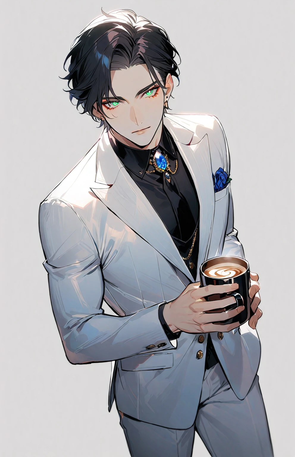 1 male, 25-year-old British male, decisive, beautiful, Tattoo, Emerald eyes, Black Hair, White suit, Black shirt, tie, English gentleman, White pants, Office President, 
permanent, Holding a cup of coffee，Office President，一个现代Handsome哥，25-year-old male，Black Hair，Green Eyes，short hair，No bangs，Show forehead，young people，Dynamic Hair，Delicate face，Bright Eyes，Gem Eyes， Extremely detailed eyes， Handsome，Handsome，White skin，Single photo，Upper body photo from thigh up，Handsome哥，a beautiful man，Exquisite eyes，Carefully sculpted hair，Rich in details，permanent in front of a white background，Handsome哥，juvenile，blond，short hair，Handsome face，Handsome，Handsome，超级Handsome哥，White skin，White skin，