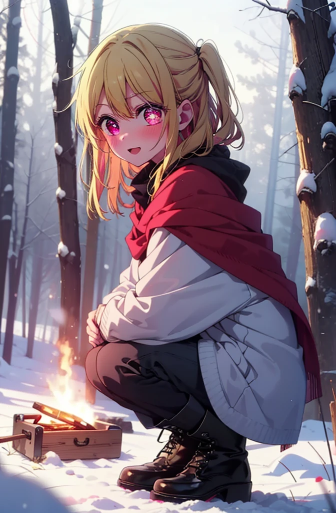 rubyhoshino, Hoshino Ruby, Long Hair, bangs, Blonde, (Pink Eyes:1.3), Side Lock, (Symbol-shaped pupil:1.5), Multicolored Hair, Two-tone hair, smile,,smile,blush,White Breath,
Open your mouth,snow,Ground bonfire, Outdoor, boots, snowing, From the side, wood, suitcase, Cape, Blurred, , forest, White handbag, nature,  Squat, Mouth closed, Cape, winter, Written boundary depth, Black shoes, red Cape break looking at viewer, Upper Body, whole body, break Outdoor, forest, nature, break (masterpiece:1.2), Highest quality, High resolution, unity 8k wallpaper, (shape:0.8), (Beautiful and beautiful eyes:1.6), Highly detailed face, Perfect lighting, Highly detailed CG, (Perfect hands, Perfect Anatomy),