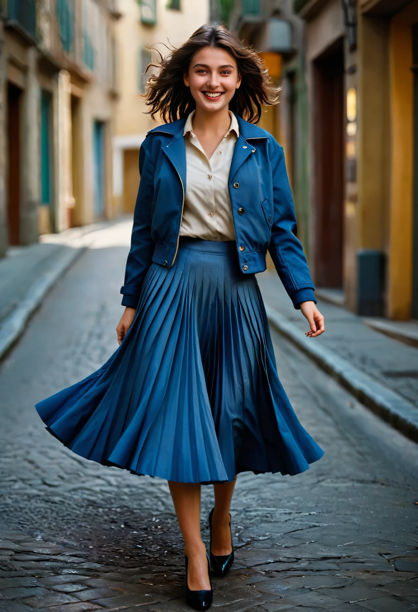 A smiling, authentic, (shy:1,3), kind, beautiful woman, is passionately in love with her skirt, wind wildly lifts her skirt, wearing uniform jacket and very, very detailed (long (fully pleated) full circle skirt) and (low heeled court shoes), very, very intricate hyper-detailed symmetric (attractive graceful young feminine face) with (sad, tired eyes and a loving smile), very voluptuous breasts, full of empathy and compassion and love, (pronounced (feminine) features), (highly detailed ultra accurate realistic) hands and fingers, (windy), epic composition, highly detailed attributes, (35mm f1.4 Kodak portra 400 photograph), extremely high quality RAW photograph, highly detailed atmosphere, sci-fi, cinematic shot, dynamic lighting, 75mm, Technicolor, Panavision, cinemascope, sharp focus, fine details, 8k, HDR, realism, realistic, key visual, film still, superb cinematic color grading, depth of field