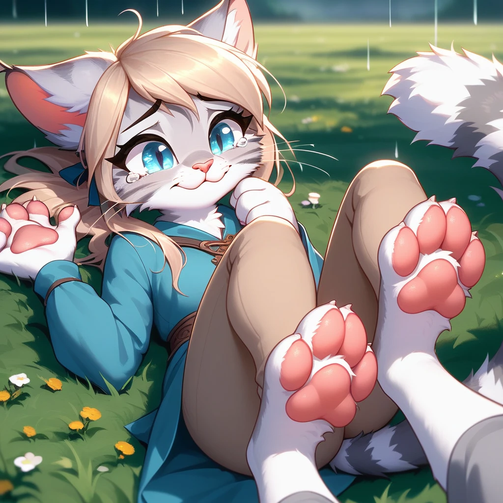 (hi res), ((masterpiece)) , ((best quality)),Solo, score_9,score_8_up,score_7_up, source_furry, Kat, Anthro furry feline girl, tall body, hourglass figure, adult female, blue eyes, silver fur, blonde hair with pony tail, (striped tail), white whiskers, pink nose, wearing simple blue long sleeve tunic, light brown fitted pants, barefoot, (feet paws), (4 toes), pink paw pads, foot focus, Her face was covered with tears,Have tears in her eyes,looking at viewers, looking uncomfortable, eyes half closed, outdoors, rainy day, spread feet apart, cute dainty feet,Lying on the grass,