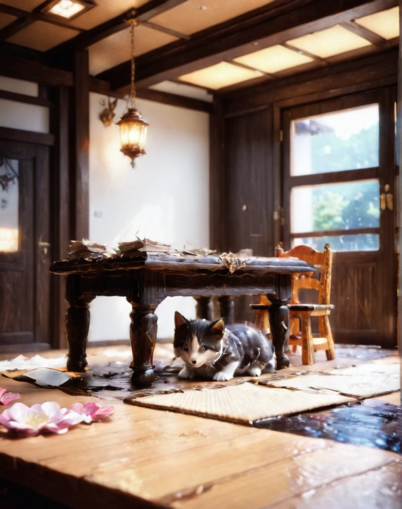 Inside a Japanese house during an earthquake。Two children、アンゼンくんとボウサイちゃんがHiding under the deskいる。Anzen-kun「Hiding under the desk!」they said。The room is shaking、Things are falling off the shelves。Children are trying to protect their heads。