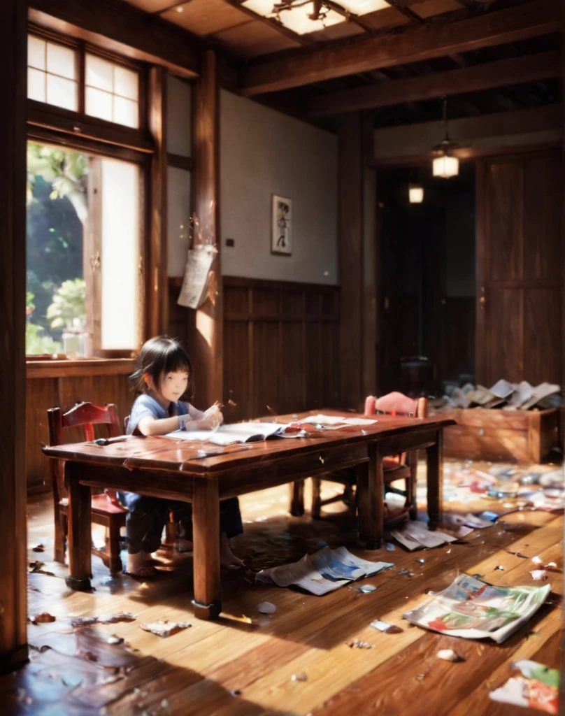 Inside a Japanese house during an earthquake。Two children、アンゼンくんとボウサイちゃんがHiding under the deskいる。Anzen-kun「Hiding under the desk！」they said。The room is shaking、Things are falling off the shelves。Children are trying to protect their heads。

