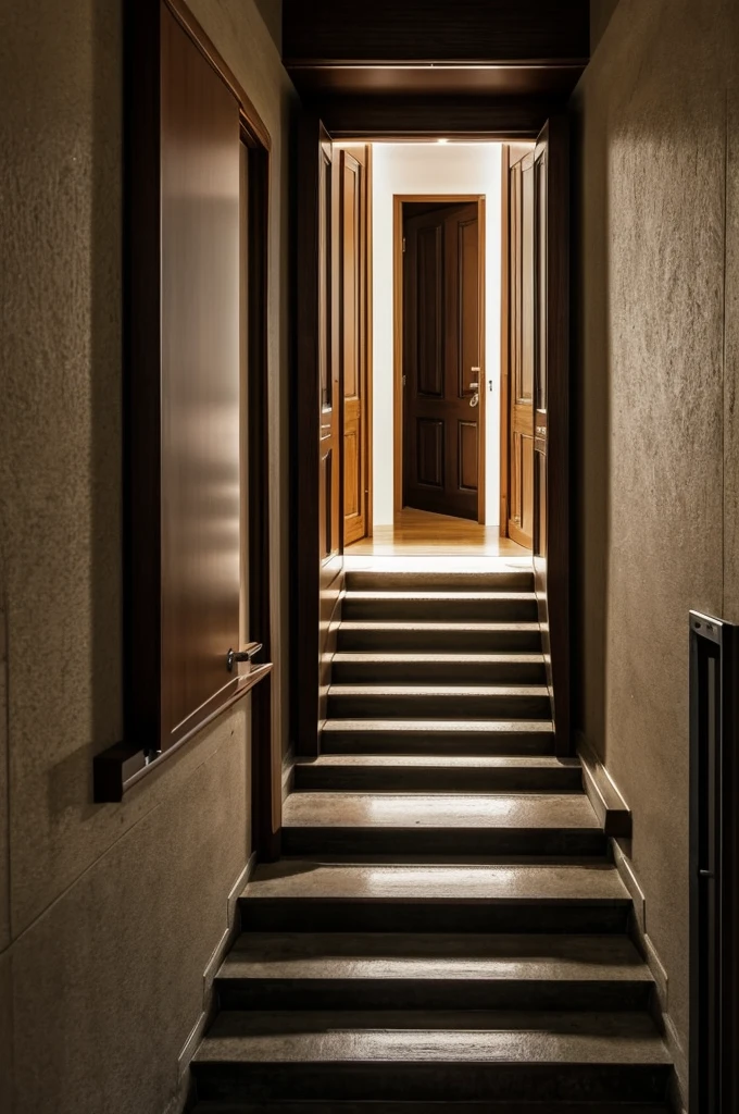 there is a huge figure if which we can only see the head and shoulders. on its face is an open door at the top of stairs le ding up to it. someone is opening that door and behind the door, inside the head, is a curled up human figure on the ground