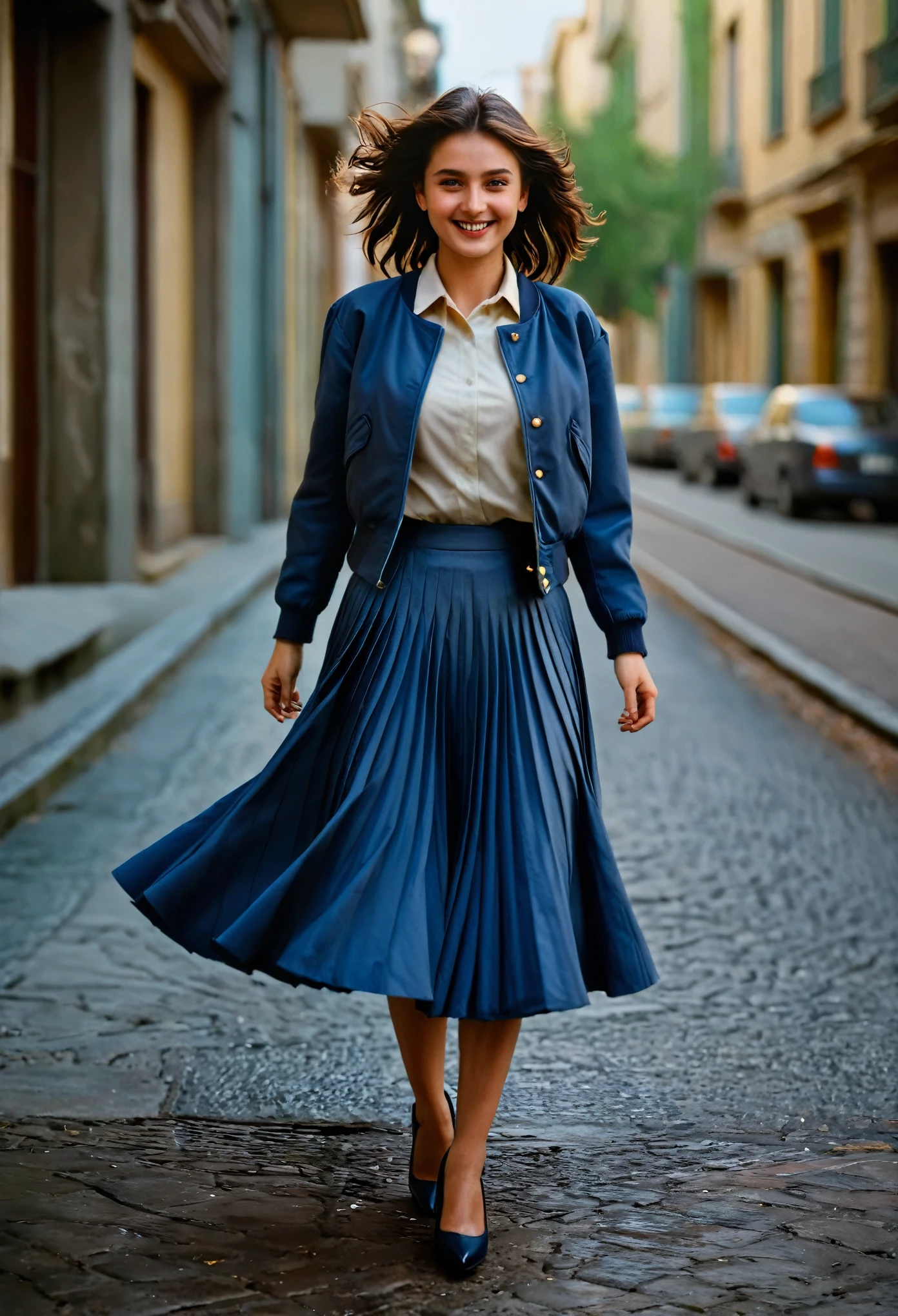 A smiling, authentic, (shy:1,3), kind, beautiful woman, is passionately in love with her skirt, wind wildly lifts her skirt, wearing uniform jacket and very, very detailed (long (fully pleated) full circle skirt) and (low heeled court shoes), very, very intricate hyper-detailed symmetric (attractive graceful young feminine face) with (sad, tired eyes and a loving smile), very voluptuous breasts, full of empathy and compassion and love, (pronounced (feminine) features), (highly detailed ultra accurate realistic) hands and fingers, (windy), epic composition, highly detailed attributes, (35mm f1.4 Kodak portra 400 photograph), extremely high quality RAW photograph, highly detailed atmosphere, sci-fi, cinematic shot, dynamic lighting, 75mm, Technicolor, Panavision, cinemascope, sharp focus, fine details, 8k, HDR, realism, realistic, key visual, film still, superb cinematic color grading, depth of field