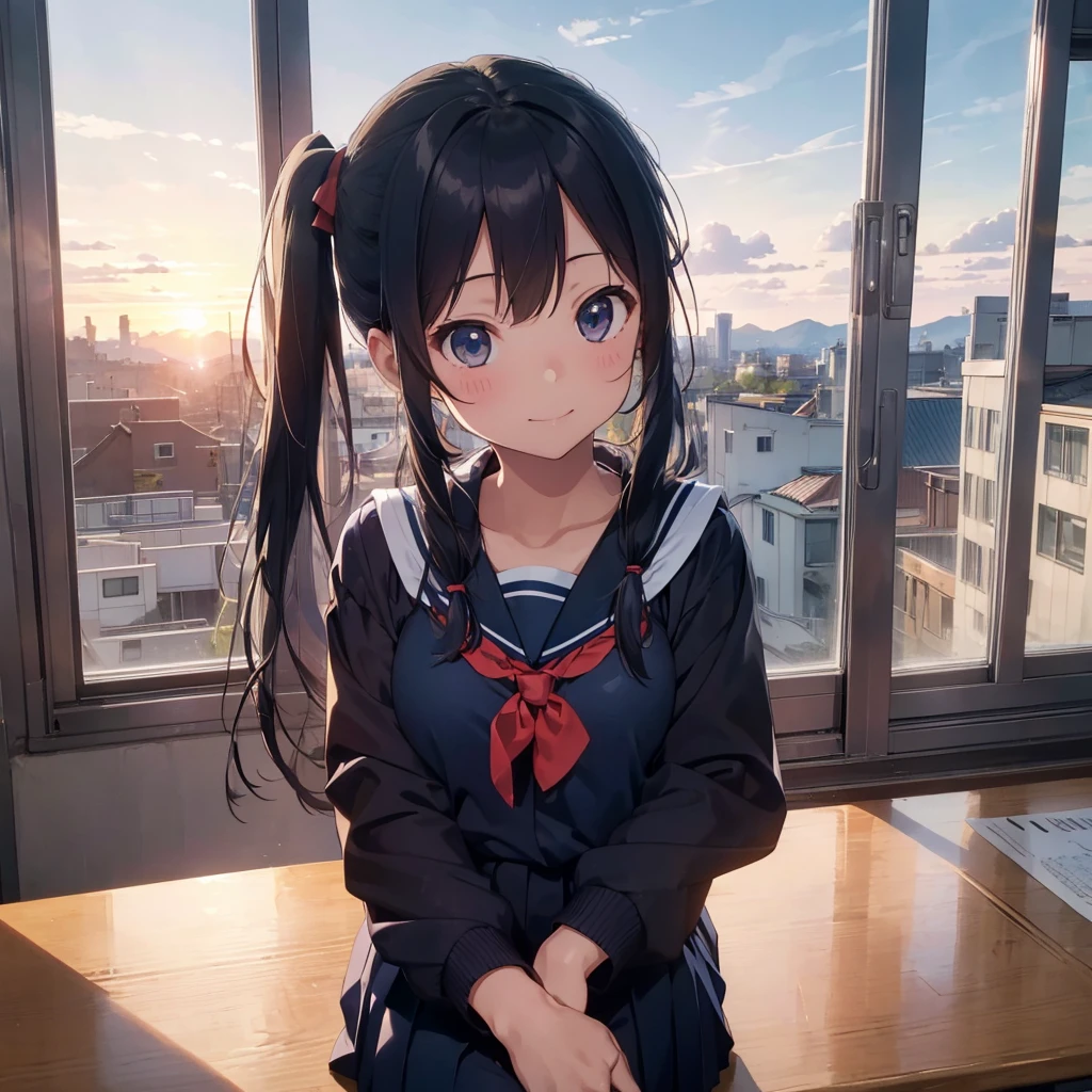 Highest quality, Very detailed, masterpiece, One personの少女, classroomの椅子に座る, talk, Smile, , (low twintails:1.2), Low Pigtails, Black Hair, Long Hair, (Navy blue sailor suit:1.4), Blue ribbon, Long sleeve, School desk, School Chair, classroom, from the front, window, Schoolyard, distant cityscape, A town with hills, sunset, anime, One person