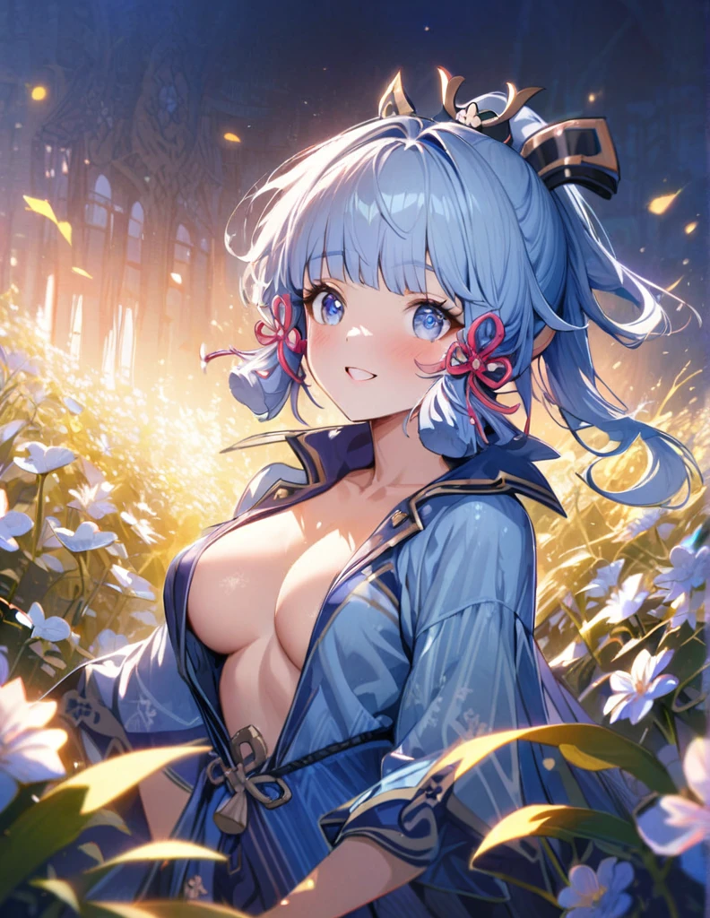 ayaka genshin impact, beautiful girl, long blue hair, beautiful face,smiling,close up to hips, beautiful breast, in the middle of flowers field, (open mouth:0.4),illustration,detailed textures(realists),ultra-detailed,portrait style,vivid colors,soft lighting, blushing, mature, hair fluttering, evening light, ((half body)), no bra, wearing casual pajamas, perky. ((side profile until hips))