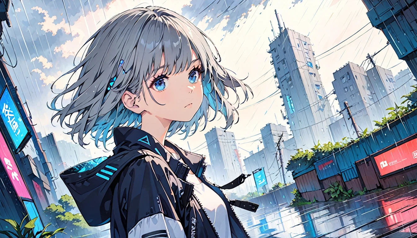Very detailed, Detailed Background, One girl, alone, rain, Beautiful light, Unique angle, cyber punk, Grey Hair, Medium Hair, blue eyes, Floating Hair, Jacket,