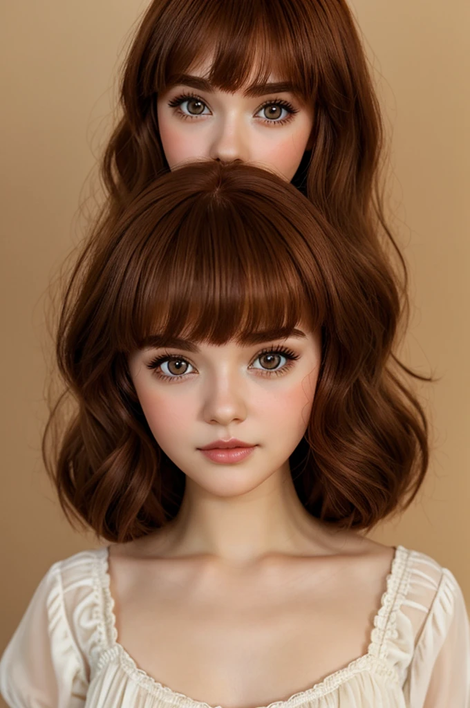 Bylthe doll with brown reddish hair and bangs, thin 90s eyebrows, heart shaped small lips and small brown almond shaped eyes with long nice lashes
