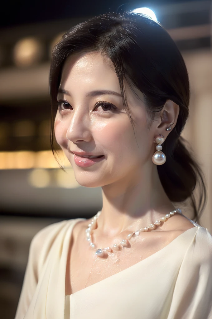 (((Very realistic front-on shots by professional photographers、A close-up American shot of an actress facing the camera, very Seductive pose, 32k, 7 heads、looking at viewer, Staring Intently :1.8))),(((A pure white, extremely thin fabric business short-sleeved open-neck shirt with a wide V-neck, Soaking wet、She is looking straight at the camera with a very shy look on her face.。light makeup、A very simple and very modest pearl necklace and a small single pearl earring.:1.4)))。((Highest quality)), ((masterpiece)), (((detailed))), (midnight ,A modern train station platform in Tokyo on a dark, pouring, stormy night, Low Key Lighting:1.6)、(((A very beautiful, extremely elegant and intelligent 39-year-old Japanese woman。Very intelligent, with a goddess-like face and figure。An extremely elegant, calm and modest smile, Being drunk、My eyes are quite watery、I&#39;m very horny、embarrassed ,blush, Curvy Body、Extremely realistic, detailed and beautiful depiction of the face and waist:1.9)))、(((A short, well-groomed, shiny black haircut。The skin is white and very smooth。A very hot rainy summer night、I&#39;m pretty sweaty、My clothes were soaked and pretty see-through.、When wet, it sticks tightly to the skin, revealing the beautiful lines of the body.、Through the extremely thin fabric, her skin and her navy blue, lacy, high-end underwear are clearly visible.:1.9)))。(((A simple and elegant business pencil skirt in a plain navy blue knee-length,The clothes fit the body very well:1.8))), (Healthy Body、The line of the chest, collarbone and décolletage are extremely beautiful.:1.9)。(((large&good hips、large&nice chests )))