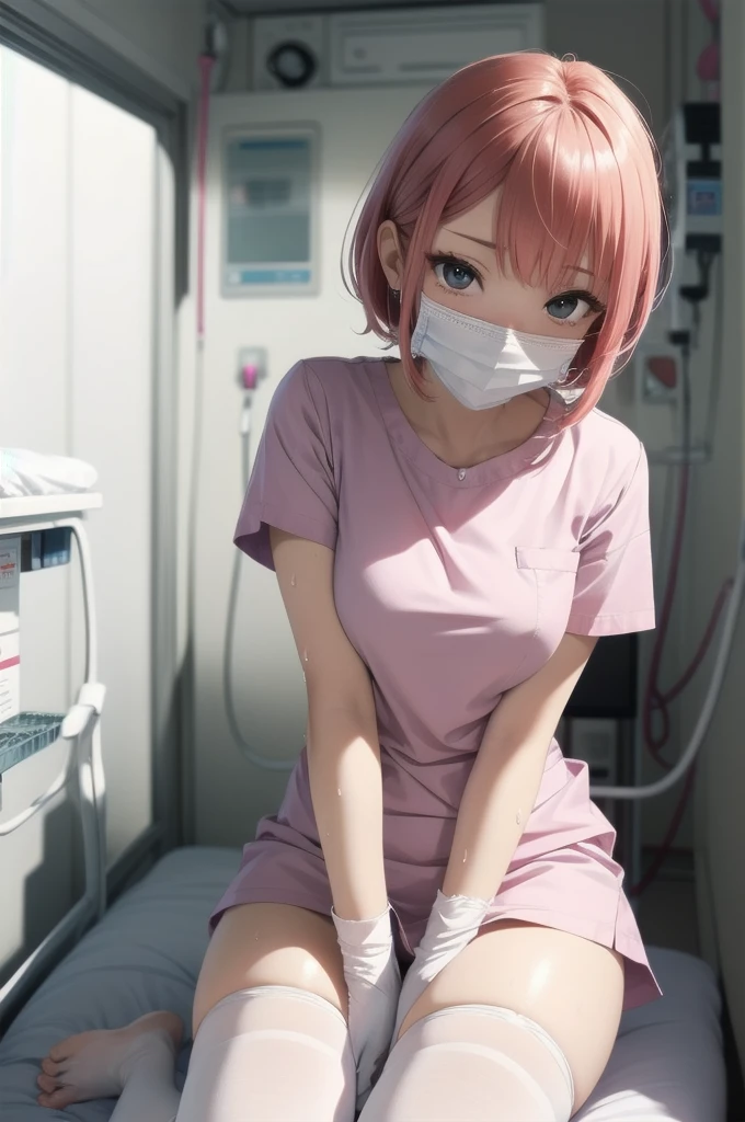 Beautiful young woman, Anime Style, Detailed face, Redhead, Wet Hair, Big eyes, pinkの目, Delicate features,One Girl, alone, nurse, pink, ((White legwear, zettai ryouiki)), White gloves, Very short hair, Orange Hair, ((White surgical mask, Covered Nose)),Lying in bed, ((Hospital room)), Sharp contours, Short sleeve, Tomboy, boyish, Highest quality, masterpiece、No hat、erotic、sexy、Masturbation、pants、pinkローター、barefoot、Thighs、Put a pillow between your legs、A pleasant looking face、Embarrassed face、Hospital roomのベッド