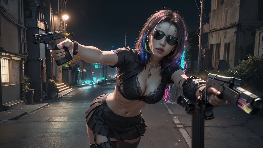 (Realistic:1.4) cyberpunk girl images, (highest quality, 8k, 32k, masterpiece) , (Dynamic pose), ((Front camera)), Cowboy Shot, Shapeless hair, Multicolored Hair, Colorful cyberpunk combat armor, Depth of written interface f/1.8, high angle view of Cyberpunk city (((((at night))))) as background. (((1girl, solo))), photo realistic, (medium-breast slim body, cleavage), (((full bra top, extreamly short pleated (((miniskirt))) exposing panty))), (((((matrix style black sunglasses))))), (((((((aiming at viewer with a (pistol), (looking at camera)))))))), (((((half-body (thigh level) medium shot))))), (cinematic lighting).