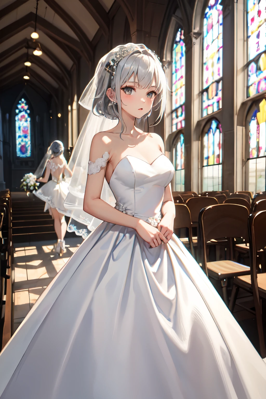 girl,Silver Hair,Wedding dress,Chapel