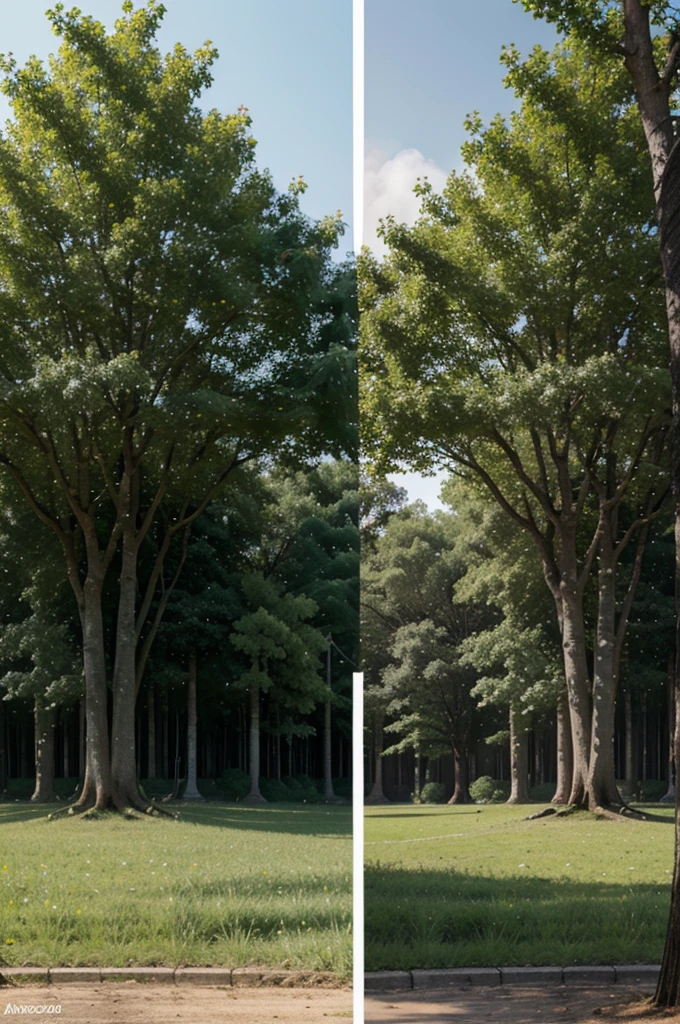 Colorful illustration of a green environment containing trees before and after being polluted as a result of air pollution