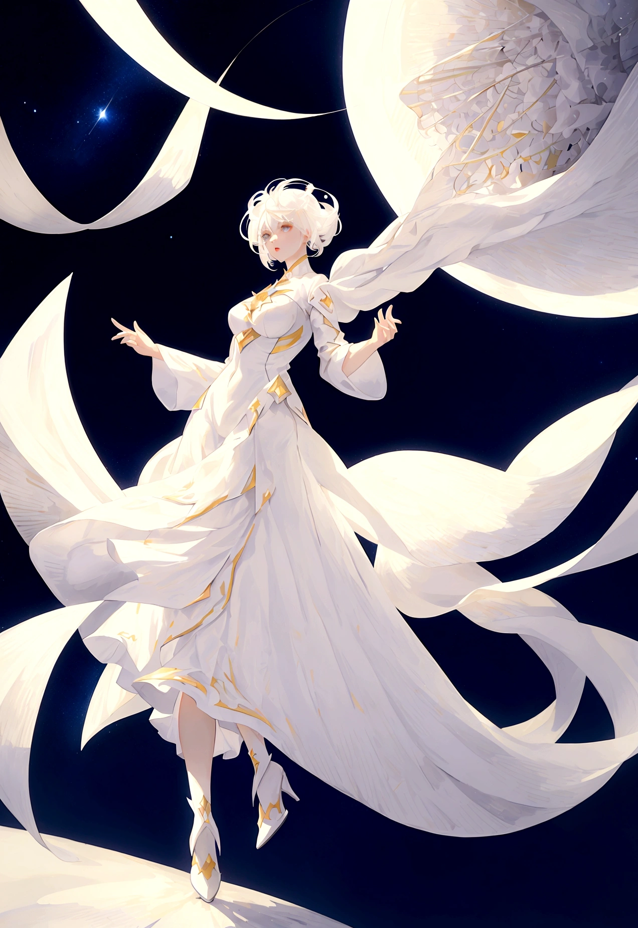 Character (adult woman) (white hair) (white exotic dress-style clothing) (character in dynamic pose) (full body) (starry night sky background)