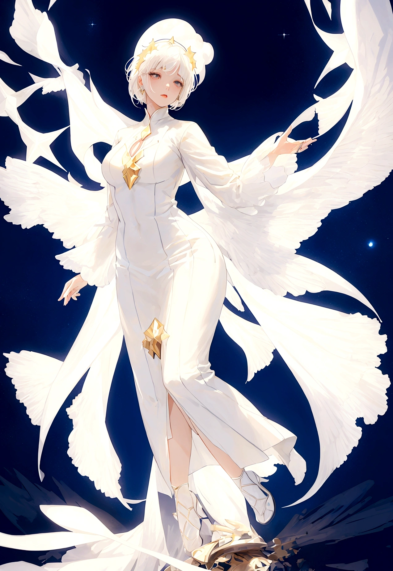 Character (adult woman) (white hair) (white exotic dress-style clothing) (character in dynamic pose) (full body) (starry night sky background)