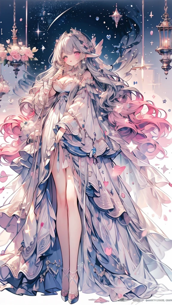 Masterpiece、Highest quality、Super detailed、1 girl、Big Tits、Cleavage、Gray Hair、Fluffy and soft long hair、Pink eyes、Heart Pupil、music、Lace cape、underwear、Ruffles and ribbons、Sparkling starry sky、Sprinkled with stars and crystals、smile、Pink Lipstick、Earrings、Lace veil