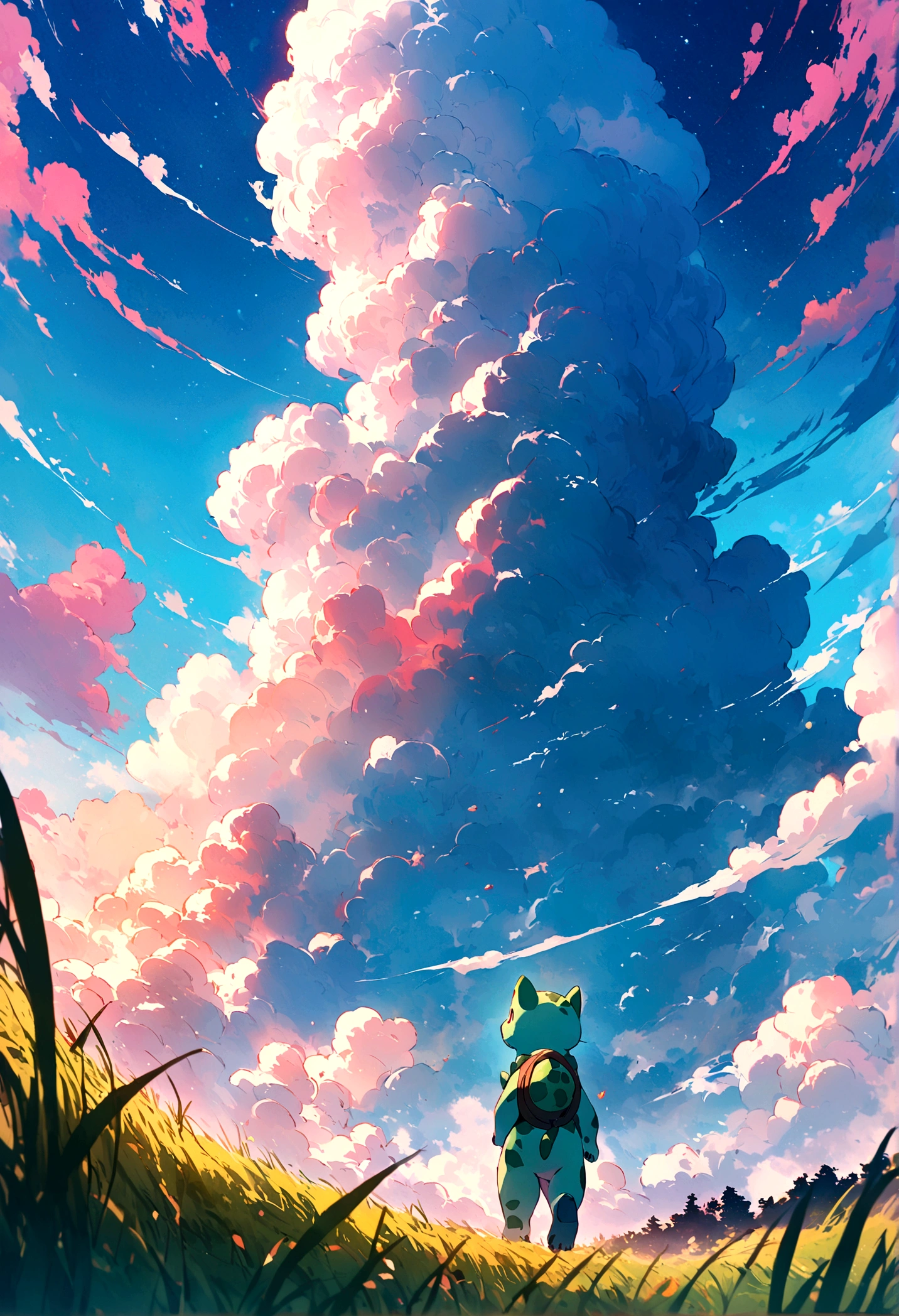 Very beautiful sky A Bulbasaur facing away from the grassland looks up at the sky