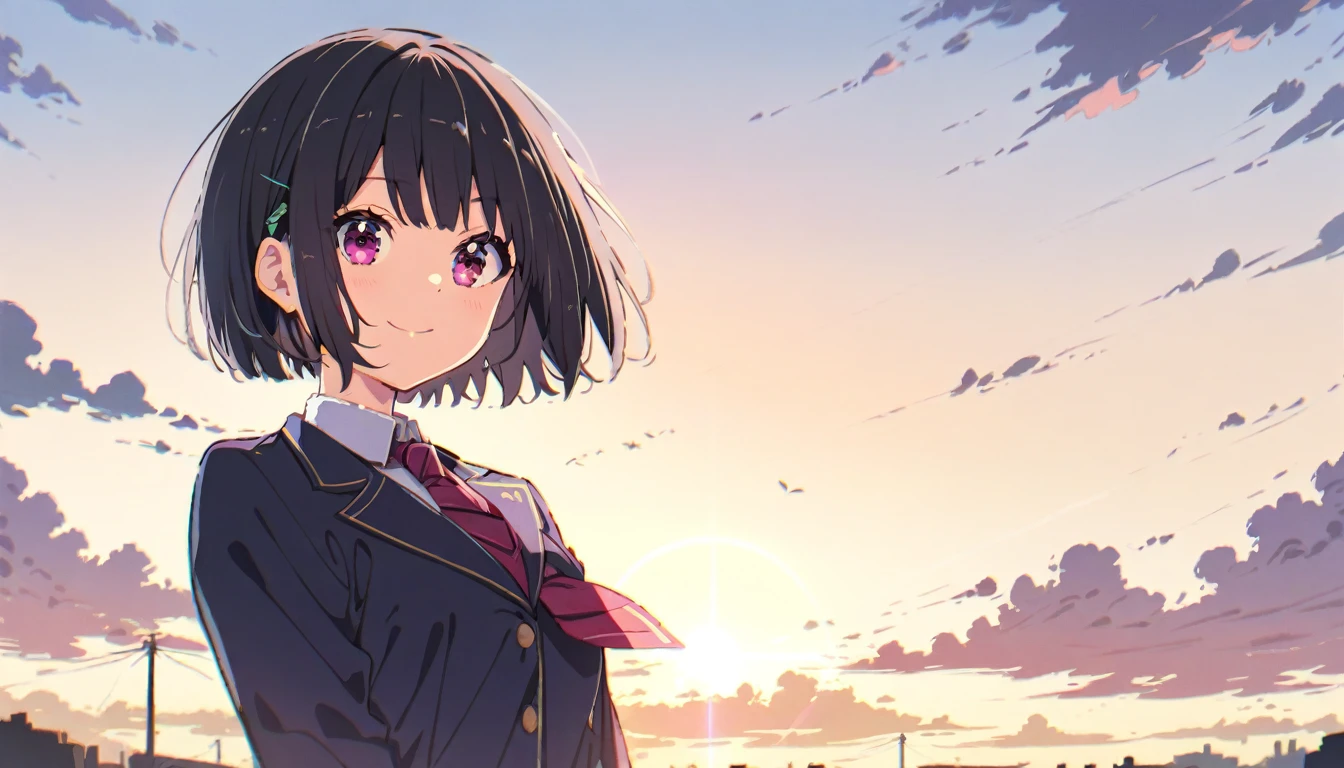 A smiling girl with short bob black hair in a blazer uniform standing alone