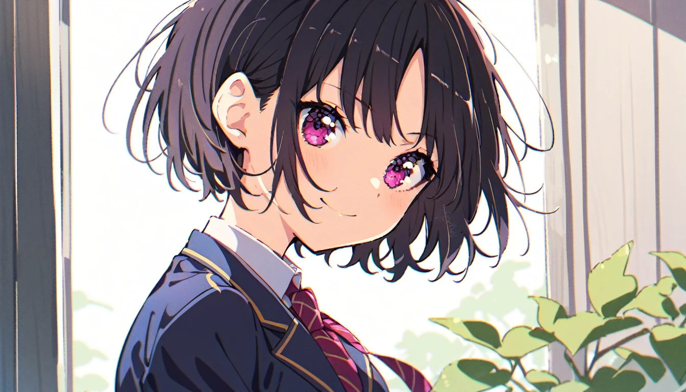 A smiling girl with short bob black hair in a blazer uniform standing alone