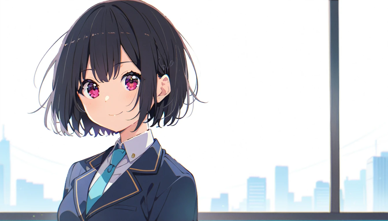 A smiling girl with short bob black hair in a blazer uniform standing alone