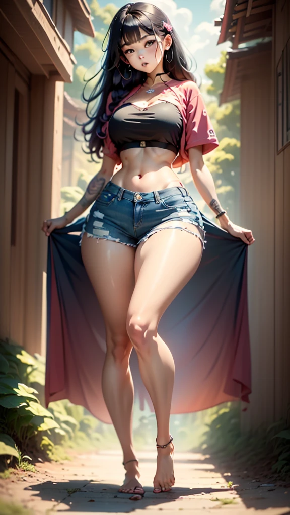 barefoot, feet model, tattoos on legs, standing on Rose leafs, leg accessory, feet accessory, Jean shorts, pink crops, slim waist, large breasts, thick thighs, smal pink feets, more_details:-1, more_details:0, more_details:0.5, more_details:1, more_details:1.5