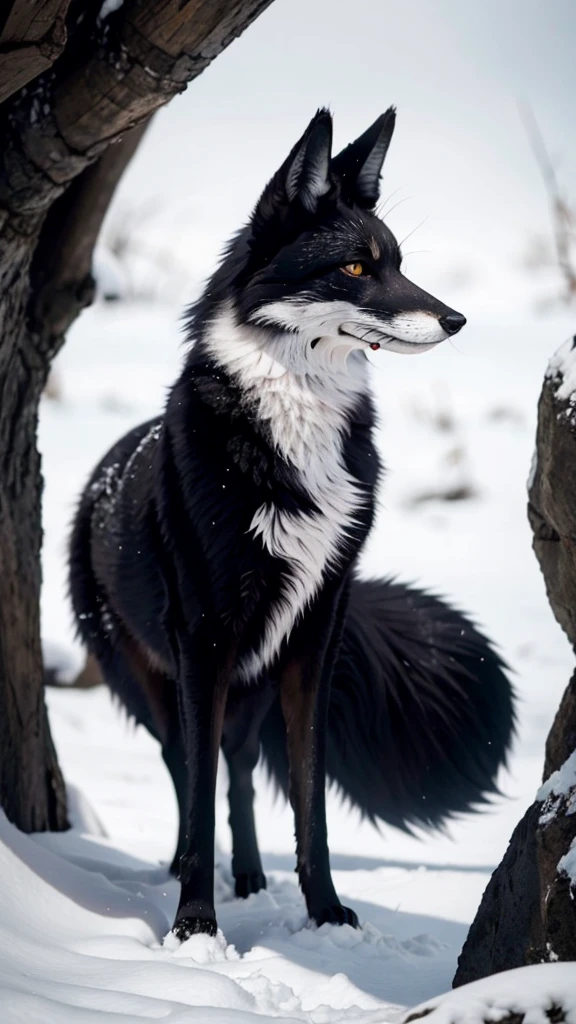 Black fox with white ear and white tail