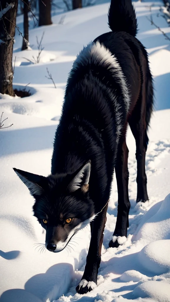 Black fox with white ear and white tail 