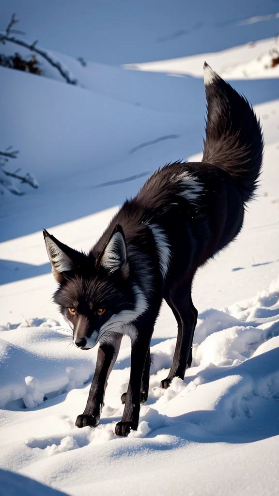 Black fox with white ear and white tail