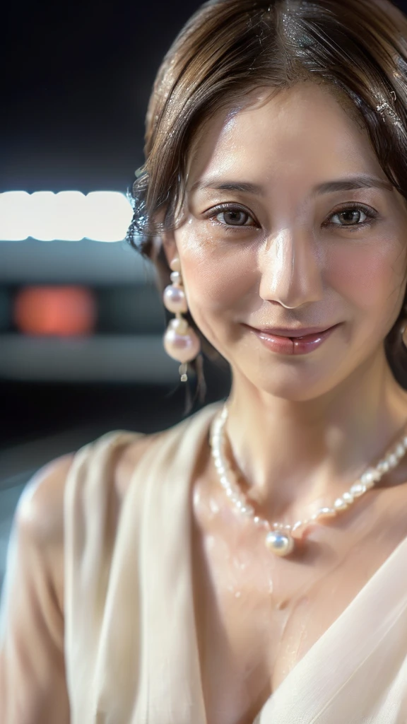 (((Very realistic front-on shots by professional photographers、A close-up American shot of an actress facing the camera, very Seductive pose, 32k, 7 heads、looking at viewer, Staring Intently :1.8))),(((A pure white, extremely thin fabric business short-sleeved open-neck shirt with a wide V-neck, Soaking wet、She is looking straight at the camera with a very shy look on her face.。light makeup、A very simple and very modest pearl necklace and a small single pearl earring.:1.4)))。((Highest quality)), ((masterpiece)), (((detailed))), (midnight ,A modern train station platform in Tokyo on a dark, pouring, stormy night, Low Key Lighting:1.6)、(((A very beautiful, extremely elegant and intelligent 39-year-old Japanese woman。Very intelligent, with a goddess-like face and figure。An extremely elegant, calm and modest smile, Being drunk、My eyes are quite watery、I&#39;m very horny、embarrassed ,blush, Curvy Body、Extremely realistic, detailed and beautiful depiction of the face and waist:1.9)))、(((A short, well-groomed, shiny black haircut。The skin is white and very smooth。A very hot rainy summer night、I&#39;m pretty sweaty、My clothes were soaked and pretty see-through.、When wet, it sticks tightly to the skin, revealing the beautiful lines of the body.、Through the extremely thin fabric, her skin and her navy blue, lacy, high-end underwear are clearly visible.:1.9)))。(((A simple and elegant business pencil skirt in a plain navy blue knee-length,The clothes fit the body very well:1.8))), (Healthy Body、The line of the chest, collarbone and décolletage are extremely beautiful.:1.9)。(((large&good hips、large&nice chests )))