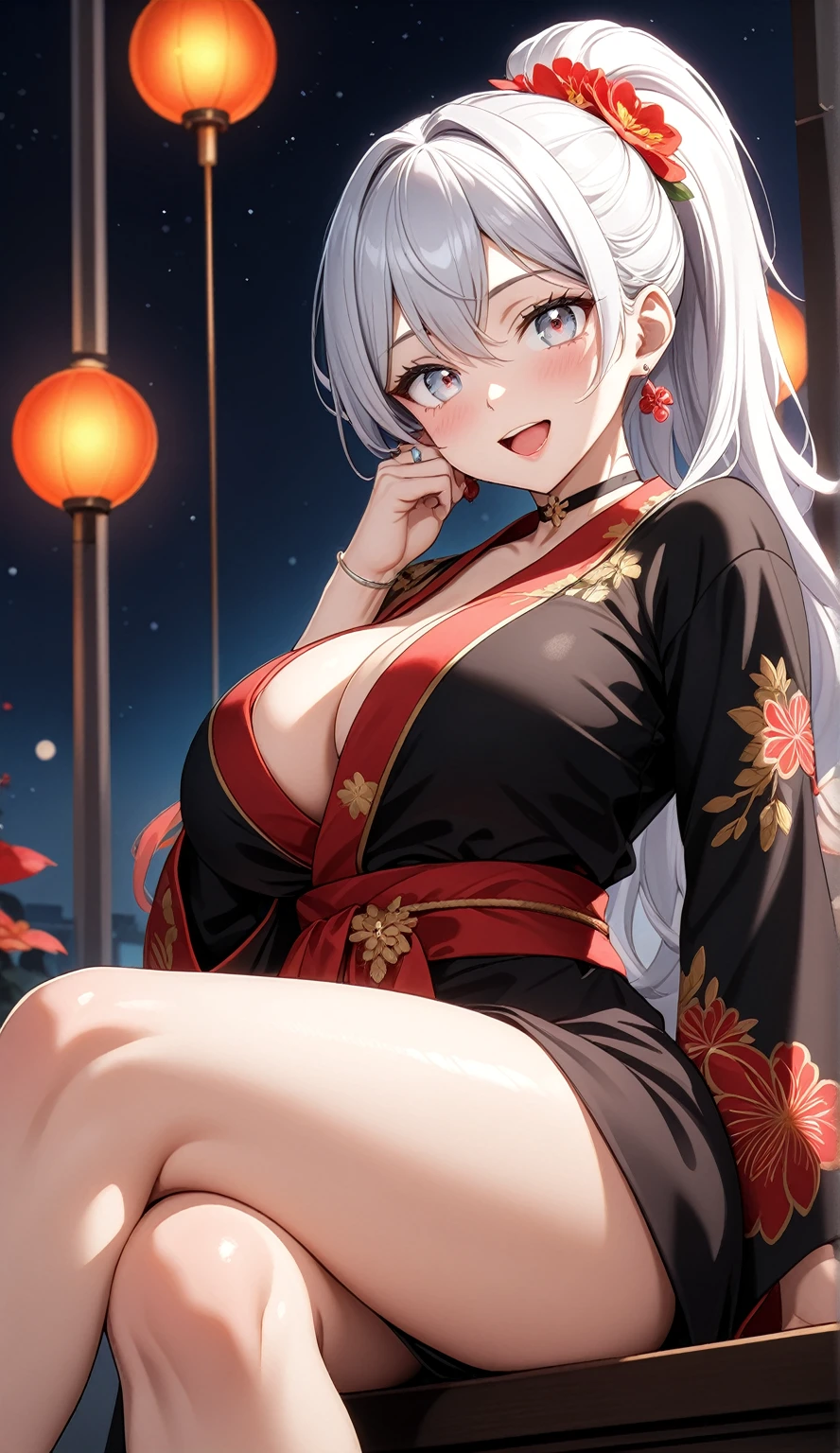 ((One personの女性)), Beautiful Face,Laughing embarrassedly,((Wink:1.7)), sit, ((crossed legs:1.4)), panty shot, Touching hair with hands,looking at viewer, Laugh with your mouth wide open,((Bright red cheeks:1.4)),Glossy Red Lips,Night view,Heights,firework,Laughing with your mouth open,Lighting on the face,((Anime style background)),masterpiece, Highest quality, so beautiful,Latest, Complex details, (Pink long nails), (ring),(bracelet),(choker),AI-generated, Complex,High resolution, Highest quality, super high quality,3D Images、3D Images,One person,Long white hair,High Ponytail,((blue eyes)),写真のポーズをとるAnime Women, ((Fine grain、Silvery white, lightly pigmented eyes、Shining Eyes:1.4)),(Squint your eyes:1.1),a hyperRealistic , hyperRealistic , Realistic,Anime Women,Smooth anime CG art, A woman in a colorful kimono with gold embroidery, (Black long sleeve kimono),Red floral pattern,Long flower hair ornament,Floral Earrings,Mature Body,(Big Breasts:1.1),Tall,Abdominal muscles,Tight waist,(Zoom up to face:1.1), (from side),