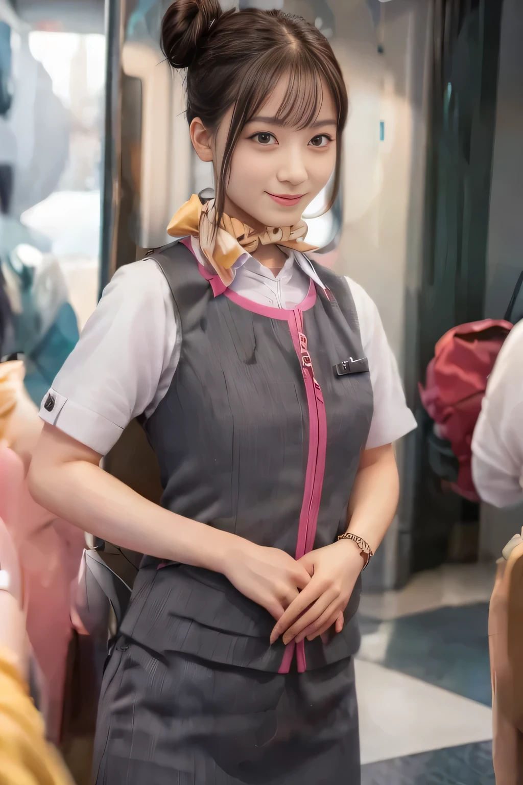 (masterpiece:1.2, Highest quality:1.2), 32k HDR, High resolution, (alone、1 Girl)、(Ride the bullet train、Professional Lighting)、Background in the car、(Realistic style of JR Gran Class crew uniform)、Short sleeve blouse、a scarf around the neck、(JR Gran Class flight attendant uniform with pink parts on the skirt sleeves)、(The uniform of a flight attendant in JR Gran Class has a pink line on the front zipper of the vest.)、Dark brown hair、(Hair 、Hair Bun、Hair Bun)、Dan hair、Long Shot、Big Breasts、((:2.0)),((Harmonious body proportions:1.5)),((Normal limbs:2.0)),((Normal finger:2.0)),((Delicate eyes:2.0)),((Normal eyes:2.0)))、Luxury Necklace、smile、Beautiful standing posture,