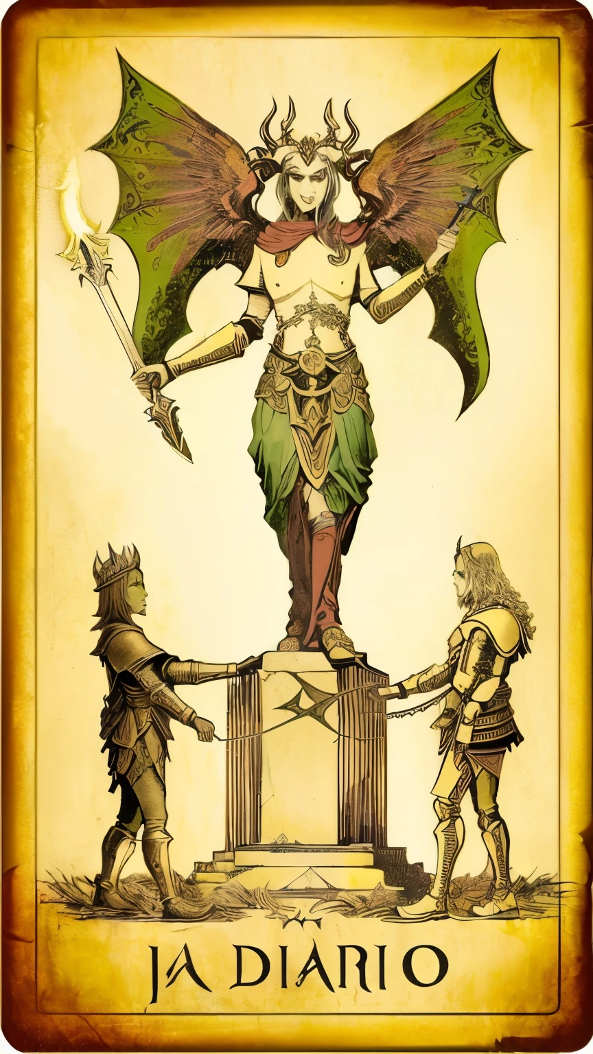 a Carta de tarot with a demon and a demon holding a sword, the devil Carta de tarot, old-fashioned Carta de tarot, the Carta de tarot of earthly demise, Carta de tarot, Carta de diseño de tarot, as a Carta de tarot, [ Carta de tarot ]!!!!!, Carta de tarot style, Carta de tarot art, ilustración de tarot simétrica, diseño de tarot, complex Carta de tarot background, tarot art
