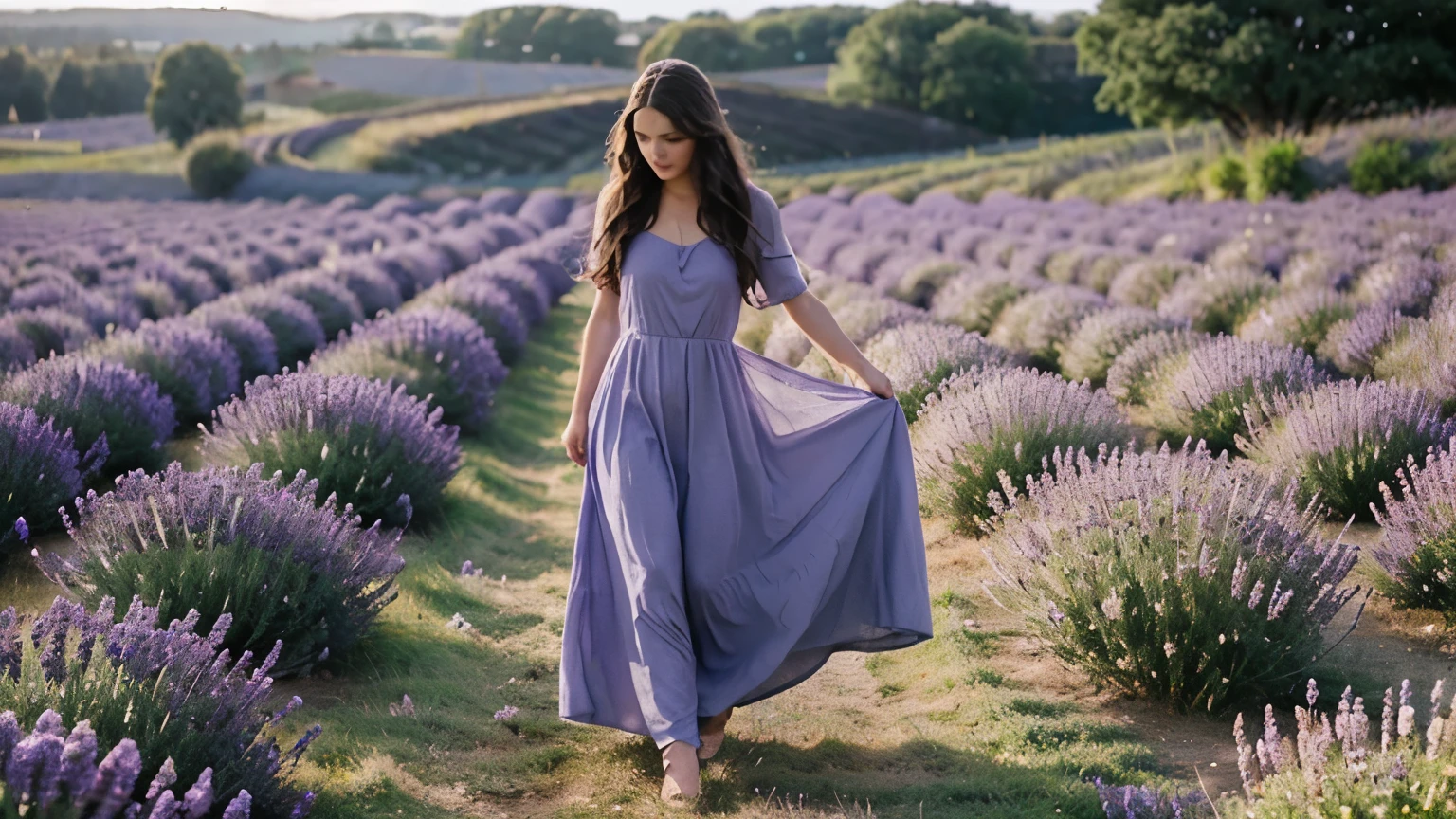 A stunning, realistic scene of a woman standing in a vast field of blooming lavender. She is wearing a flowing, elegant lavender-colored dress that reaches the ground. The woman has long, wavy hair that gently moves with the breeze. The sky above is a clear blue with a few fluffy white clouds, and the sun is shining brightly, casting soft shadows. The vibrant purple of the lavender fields harmonizes beautifully with her dress, creating a serene and visually captivating scene. The woman is captured in a moment of tranquility, perhaps gently touching the flowers or simply enjoying the natural beauty around her.