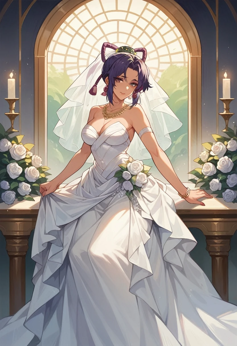 masterpiece, ultra detailed, background is bedroom decorated for after marriage, kochou shinobu,Indian woman,in wedding dress transparent, jewellery