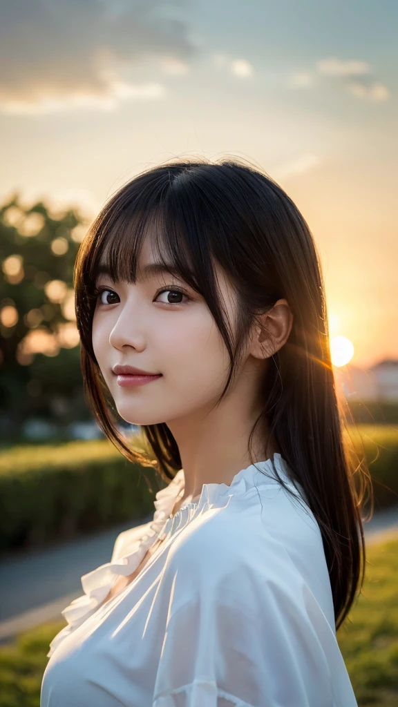 (highest quality,masterpiece:1.3,ultra high resolution),(Super detailed,caustics,8k),(photorealistic:1.4,RAW shooting),[lora:siitake-eye:0.5],(low position),(Low - Angle),(side shot:1.1),(Landscape),(profile),Japanese,28 years old,cute,smile,(Black hair fluttering in the wind:1.2),Middle hair,(big ),white blouse,(face focus),(Face close-up),(bust up shot),(sunset sky),soft light,Natural light,professional writing,Lens flare