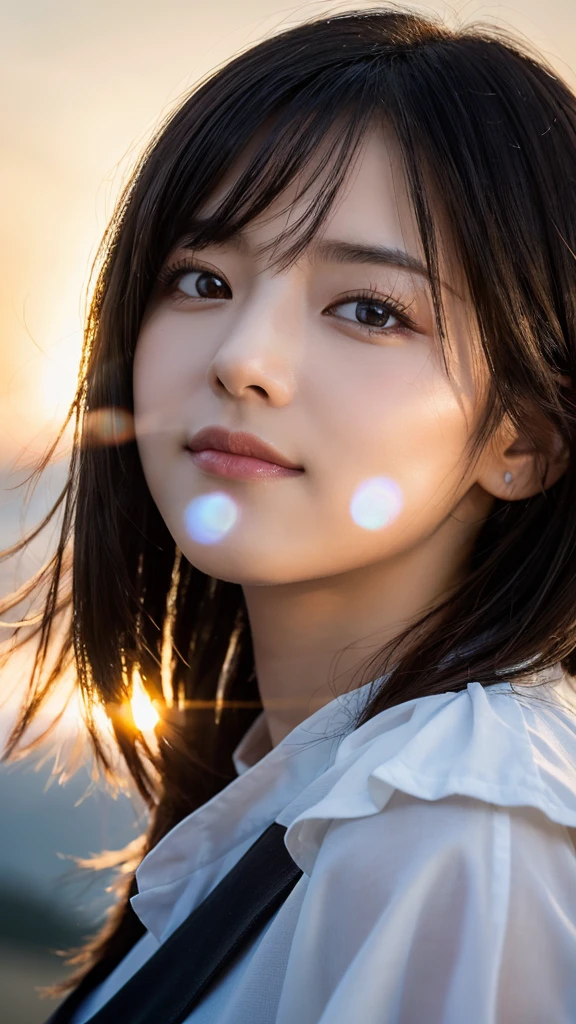 (highest quality,masterpiece:1.3,ultra high resolution),(Super detailed,caustics,8k),(photorealistic:1.4,RAW shooting),[lora:siitake-eye:0.5],(low position),(Low - Angle),(side shot:1.1),(Landscape),(profile),Japanese,28 years old,cute,smile,(Black hair fluttering in the wind:1.2),Middle hair,(big ),white blouse,(face focus),(Face close-up),(bust up shot),(sunset sky),soft light,Natural light,professional writing,Lens flare