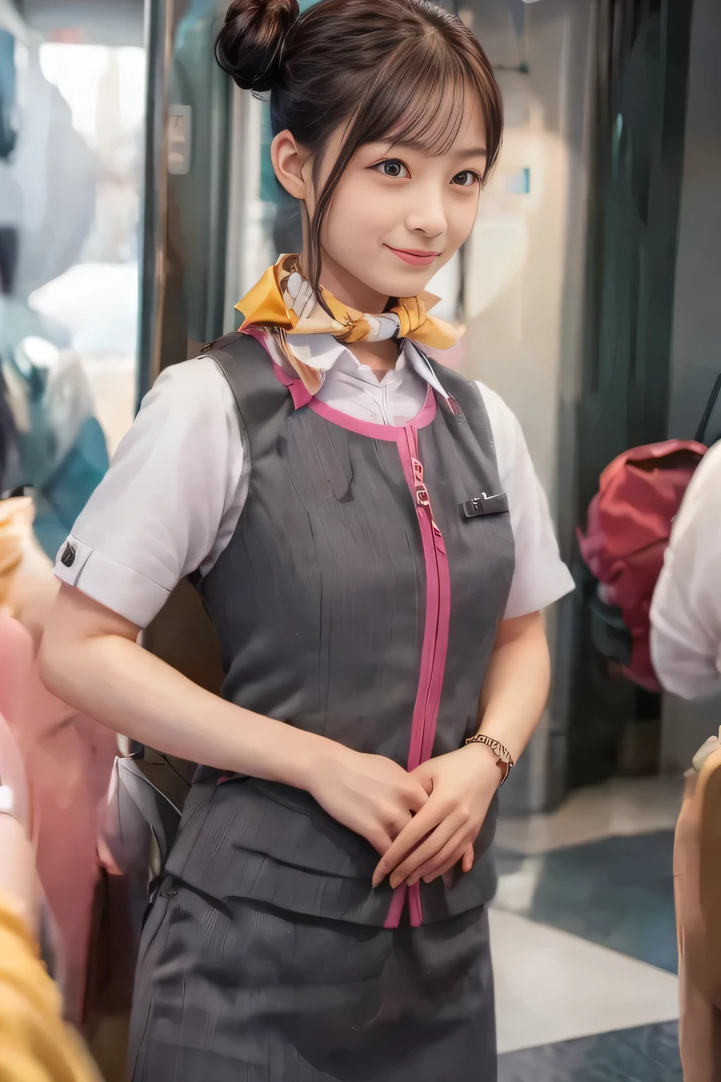 (masterpiece:1.2, Highest quality:1.2), 32k HDR, High resolution, (alone、1 Girl)、（Ride the bullet train、Professional Lighting）、Background in the car、（Realistic style of JR Gran Class crew uniform）、Short sleeve blouse、a scarf around the neck、（JR Gran Class flight attendant uniform with pink parts on the skirt sleeves）、（The uniform of a flight attendant in JR Gran Class has a pink line on the front zipper of the vest.）、Dark brown hair、（Hair tied up、Hair Bun、Hair Bun）、Dark brown hair、Long Shot、Big Breasts、（（Great hands：2.0）），（（Harmonious body proportions：1.5）），（（Normal limbs：2.0）），（（Normal finger：2.0）），（（Delicate eyes：2.0）），（（Normal eyes：2.0））)、Luxury Necklace、smile、Beautiful standing posture,