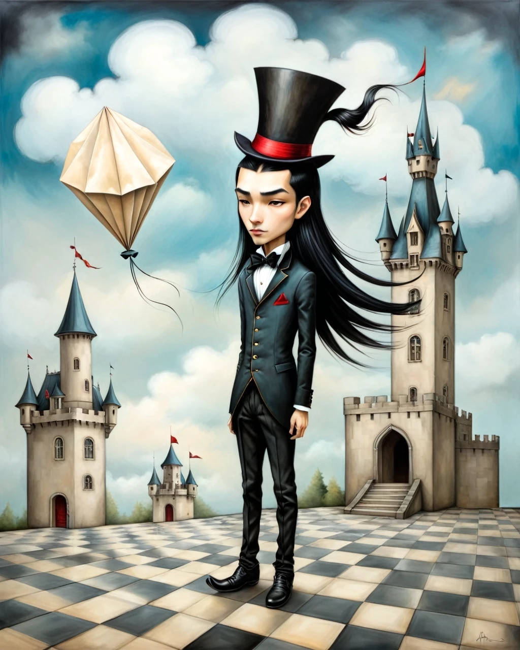 painting of a boy with top hat native american big nose long black hair standing in a courtyard castle on a cloud castle in the sky, mansion checkered floor origami style in the style of esao andrews,esao andrews style,esao andrews art,esao andrewsa  esao andrews, andrews esao artstyle, inspired by Esao Andrews, esao andrews ornate, by Esao Andrews, esao andrews, inspired by ESAO, by ESAO, lori earley, esao andrews, benjamin lacombe, 1boy, in the style of esao andrews, esao andrews . paper art, pleated paper, folded, origami art, pleats, cut and fold, 