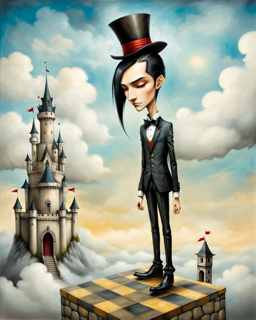 painting of a boy with top hat native american big nose long black hair standing in a courtyard castle on a cloud castle in the sky, mansion checkered floor origami style in the style of esao andrews,esao andrews style,esao andrews art,esao andrewsa  esao andrews, andrews esao artstyle, inspired by Esao Andrews, esao andrews ornate, by Esao Andrews, esao andrews, inspired by ESAO, by ESAO, lori earley, esao andrews, benjamin lacombe, 1boy, in the style of esao andrews, esao andrews . paper art, pleated paper, folded, origami art, pleats, cut and fold, 