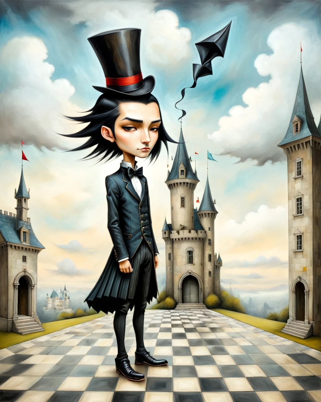 painting of a boy with top hat native american big nose long black hair standing in a courtyard castle on a cloud castle in the sky, mansion checkered floor origami style in the style of esao andrews,esao andrews style,esao andrews art,esao andrewsa  esao andrews, andrews esao artstyle, inspired by Esao Andrews, esao andrews ornate, by Esao Andrews, esao andrews, inspired by ESAO, by ESAO, lori earley, esao andrews, benjamin lacombe, 1boy, in the style of esao andrews, esao andrews . paper art, pleated paper, folded, origami art, pleats, cut and fold, 