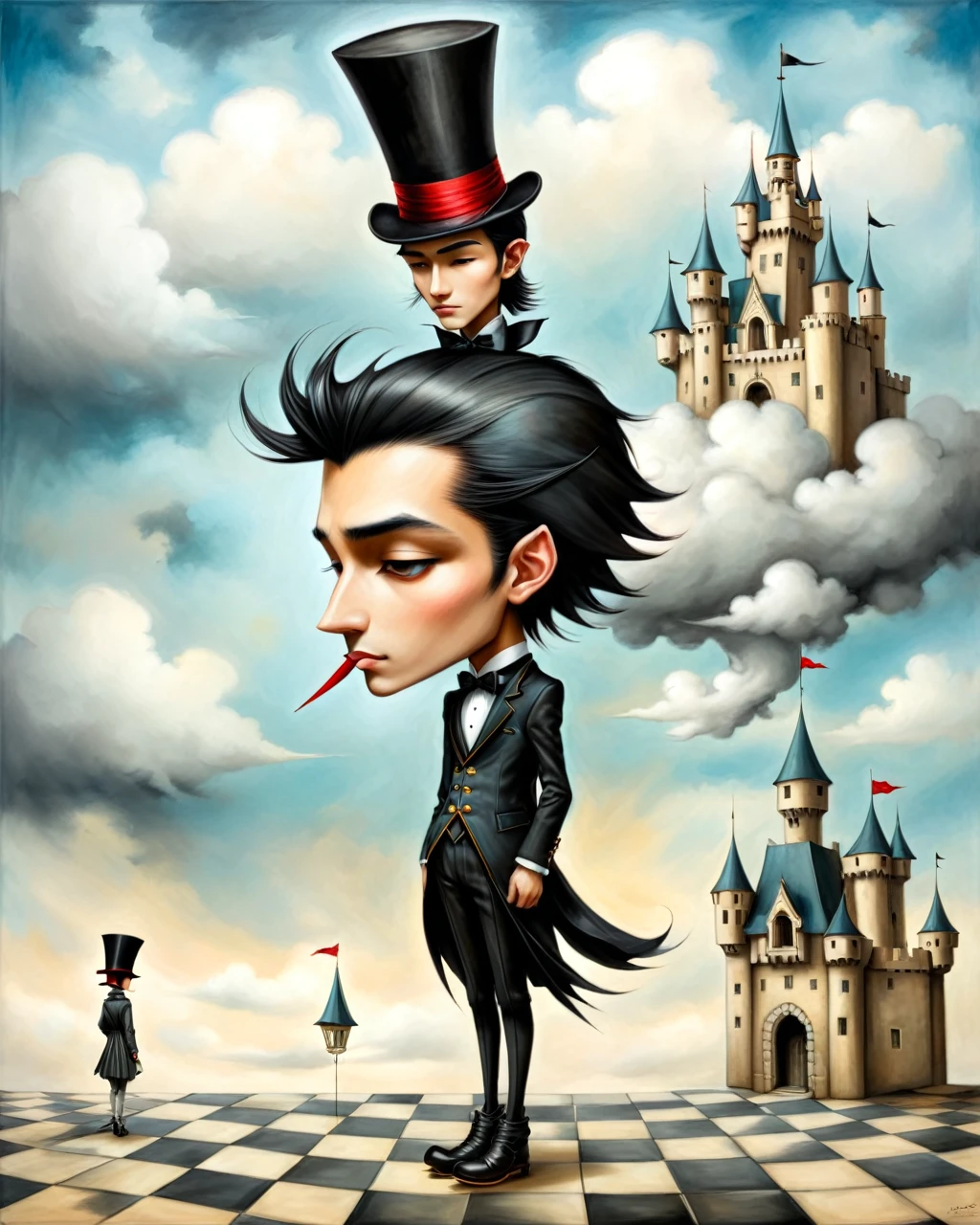 painting of a boy with top hat native american big nose long black hair standing in a courtyard castle on a cloud castle in the sky, mansion checkered floor origami style in the style of esao andrews,esao andrews style,esao andrews art,esao andrewsa  esao andrews, andrews esao artstyle, inspired by Esao Andrews, esao andrews ornate, by Esao Andrews, esao andrews, inspired by ESAO, by ESAO, lori earley, esao andrews, benjamin lacombe, 1boy, in the style of esao andrews, esao andrews . paper art, pleated paper, folded, origami art, pleats, cut and fold, 