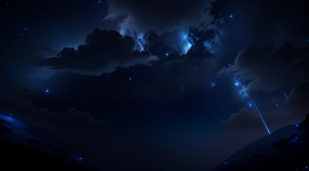 background,Upper part dark blue starry sky,The lower part is the cloud,Glowing gold effect,Dark outlook,Large 4K image,Scene Graph,landscape,illustration,