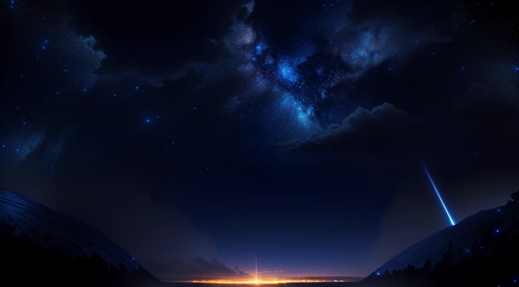 background,Upper part dark blue starry sky,The lower part is the cloud,Glowing gold effect,Dark outlook,Large 4K image,Scene Graph,landscape,illustration,
