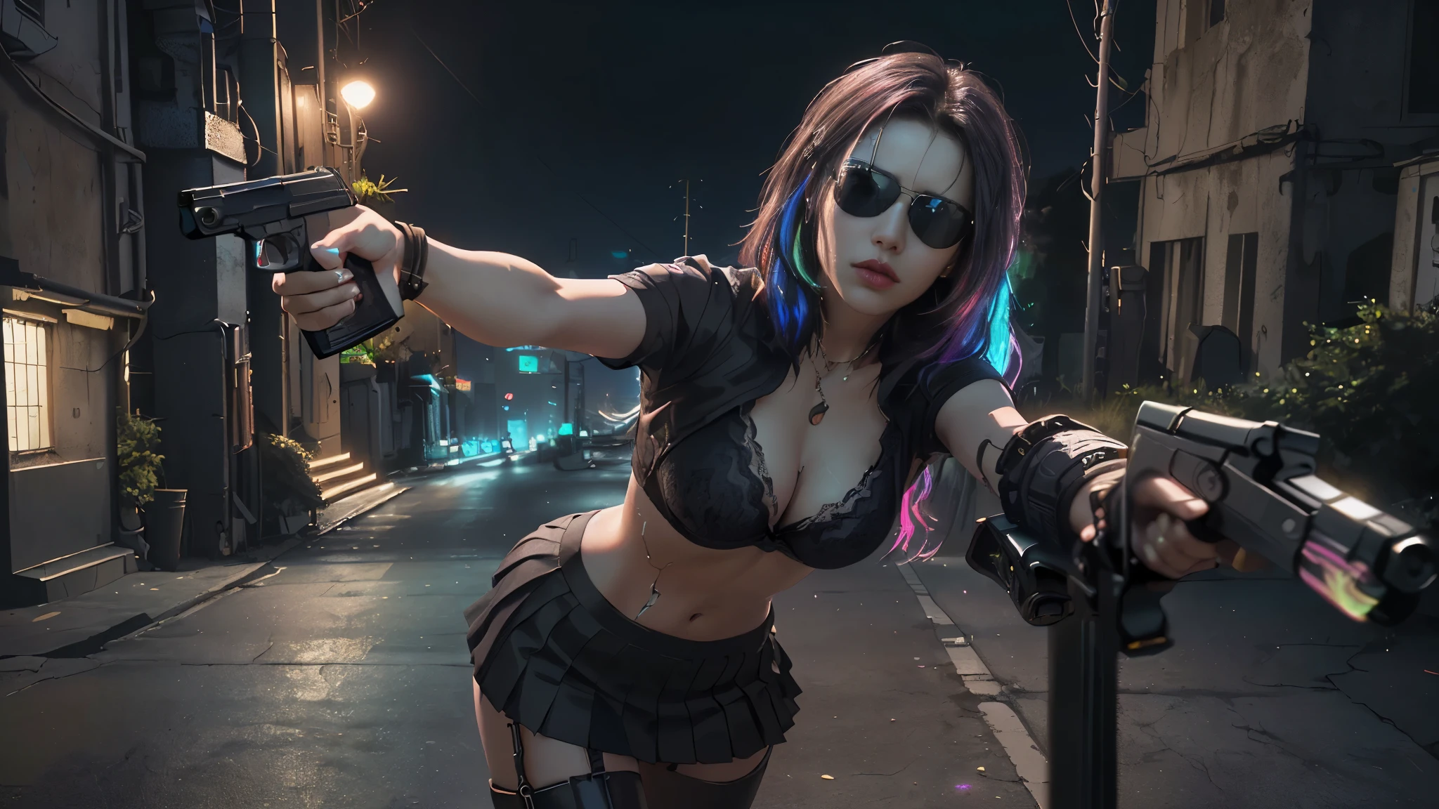 (Realistic:1.4) cyberpunk girl images, (highest quality, 8k, 32k, masterpiece) , (Dynamic pose), ((Front camera)), Cowboy Shot, Shapeless hair, Multicolored Hair, Colorful cyberpunk combat armor, Depth of written interface f/1.8, high angle view of Cyberpunk city (((((at night))))) as background. (((1girl, solo))), photo realistic, (medium-breast slim body, cleavage), (((full bra top, extreamly short pleated (((miniskirt))) exposing panty))), (((((matrix style black sunglasses))))), (((((((aiming at viewer with a (pistol), (looking at camera)))))))), (((((half-body (thigh level) medium shot))))), (cinematic lighting).