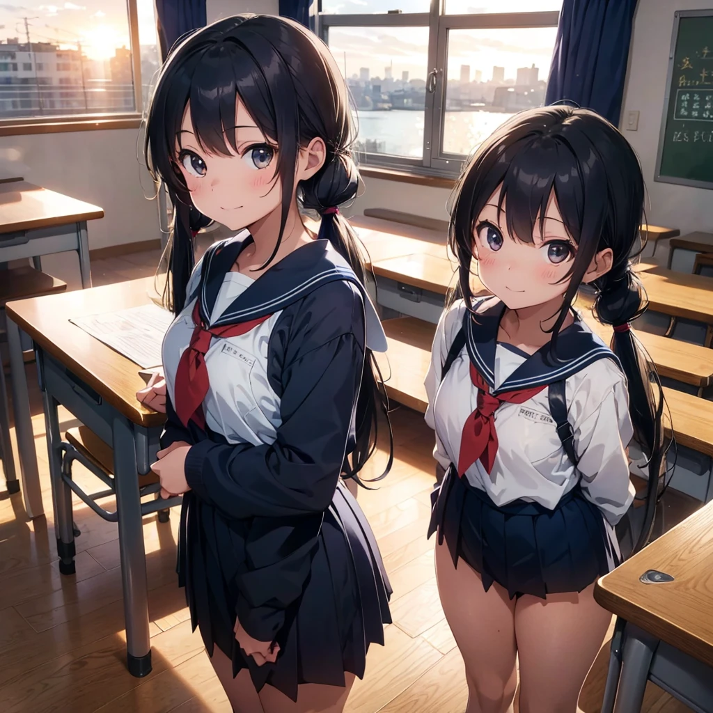 Highest quality, Very detailed, masterpiece, One Girl, classroomの椅子に座る, talk, Smile, , (low twintails:1.2), Low Pigtails, Black Hair, Long Hair, (Navy blue sailor suit:1.4), Blue ribbon, Long sleeve, School desk, School Chair, classroom, from the front, window, Schoolyard, distant cityscape, A town with hills, Ocean, sunset, anime, Alone