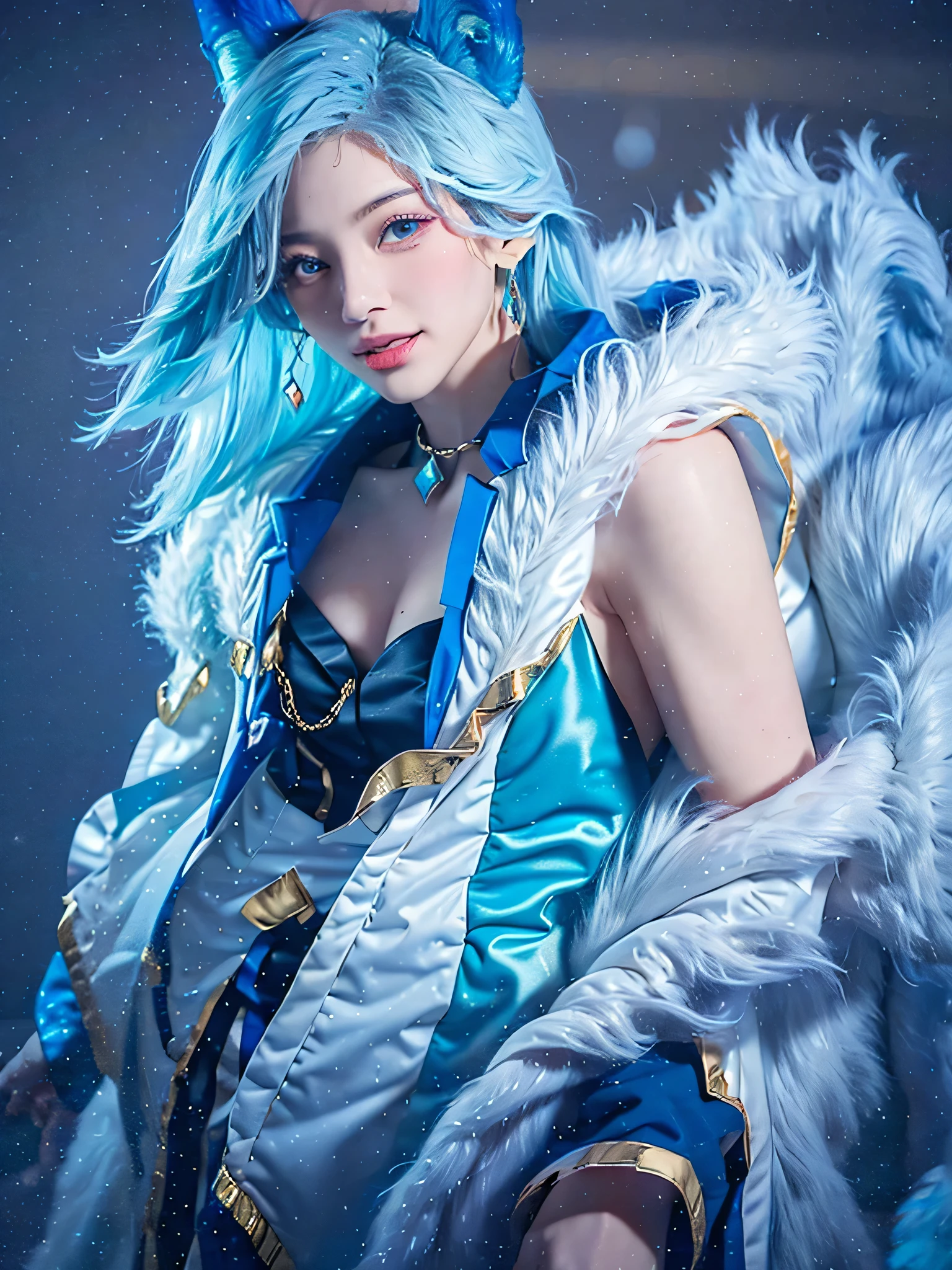 1girl、solo、looking at the audience、Smile、medium long hair、open mouth、bangs、blue eyes、bare shoulders、jewelry、Upper body、blue hair、earrings、O cabelo multicolorido、collar、virtual_youtuber、vest、water、Off the shoulders、dress、striped hair、tattoo、Floating hair、Headband、Beautiful detailed sky,Beautiful and delicate water,泼water,Water droplets all over the body,Sunlight,Ray tracing,masterpiece,facing the camera